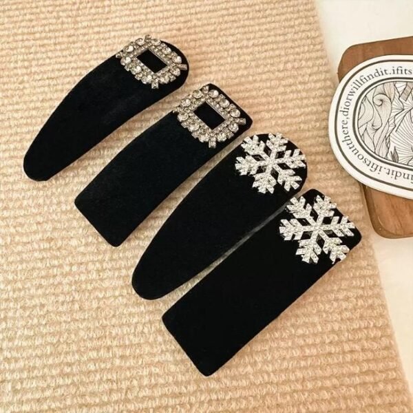 Square Snow Rhinestone French Style Women Luxury Fashion Black Velvet Hair Side Clip