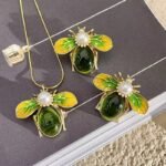 Green Bee Pendant Earrings Necklace Set