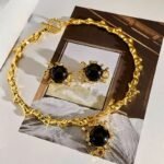 Vintage Heavy Industry Embossed Round Ear Studs Black Necklace