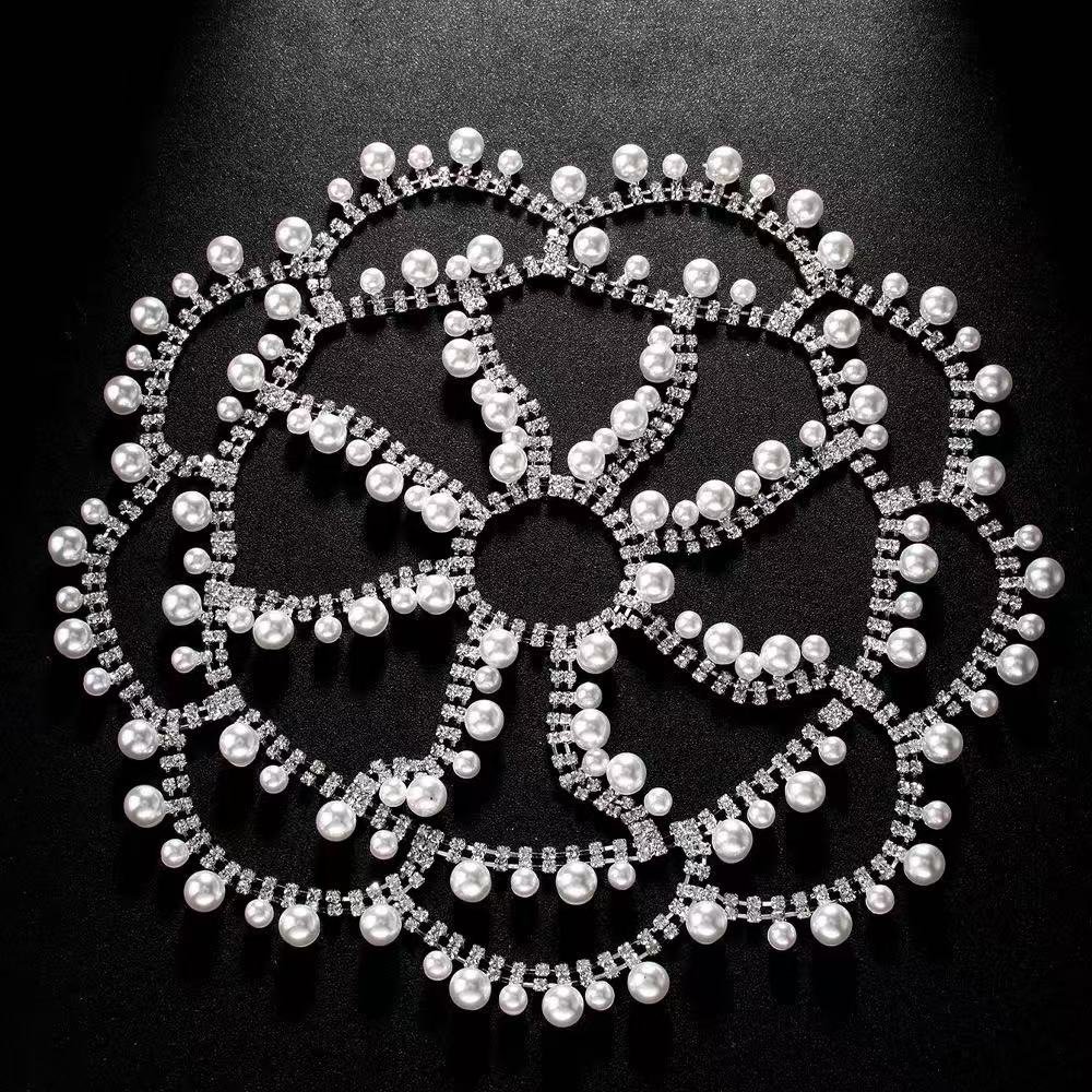 4 Wedding Pearl Headpiece Boho Prom Bride Hair Head Chain - Image 1