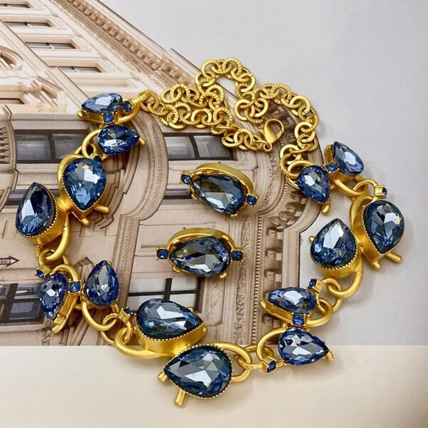 Blue Zircon Bow Tassel Necklace Jewelry Set