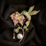 Vintage Elegant Wedding Corsage Copper Zircon 18K Gold Freshwater Pearl Agate Hummingbird Brooch