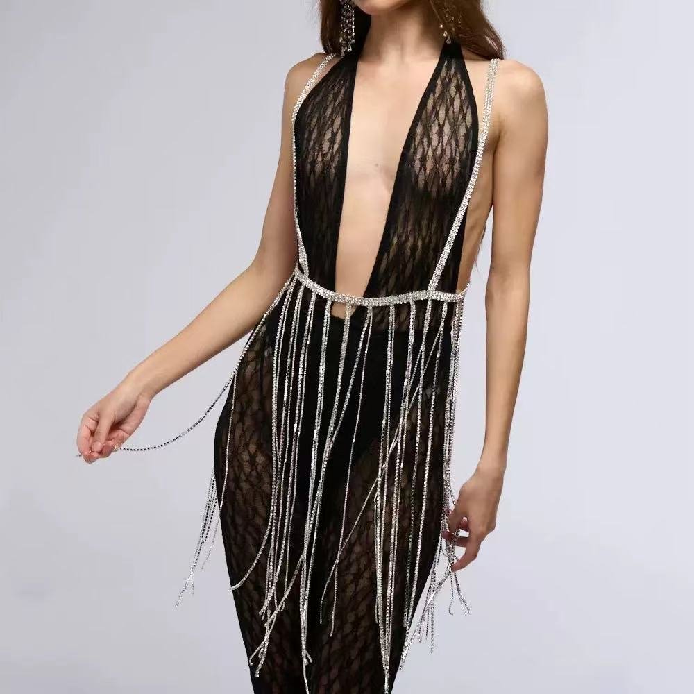1 Party Dance Crystal Bling Chain Long Tassel Halter Body Chain - Image 1