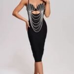 Formal Party Pearl Chain Knitted Hollow-out Elegant Bandage Tassel Dress